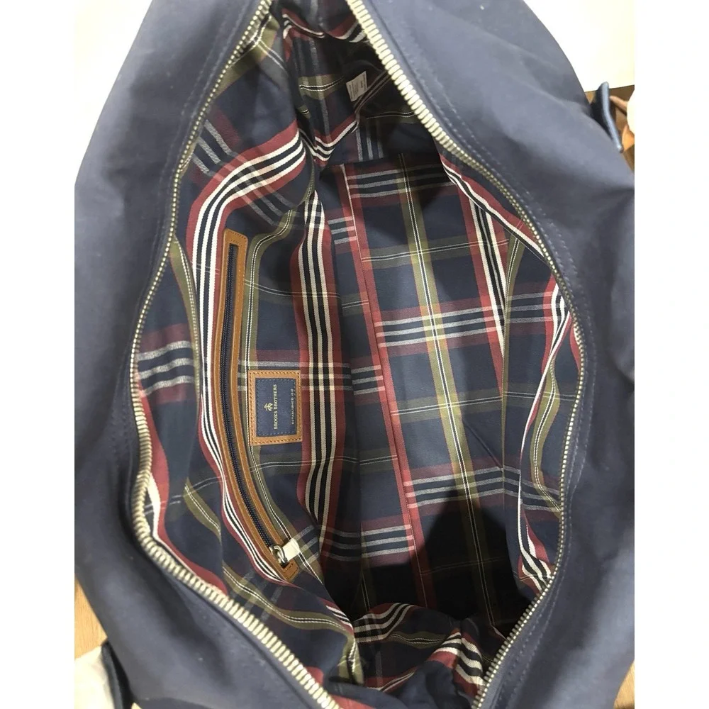 Brooks Brothers Navy Canvas Leather Trim Weekender Duffel Travel Bag Plaid